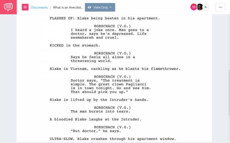Was ist eine Anekdote Watchmen Beispiel StudioBinder Screenwriting Software